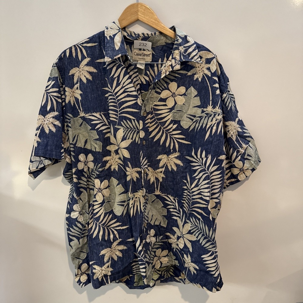 Cooke Street Hawaiian Button Up Aloha Shirt 100% Cotton Blue & Tan Flowers 2XL